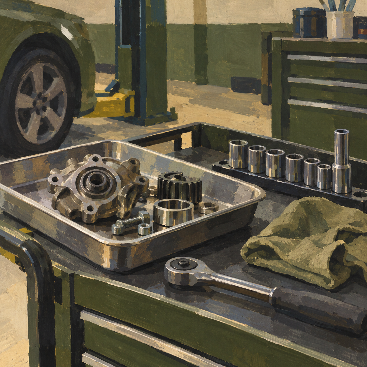 Illustration of independent auto workshop: a clean parts tray, a diagnostic trolley, organized socket tools
