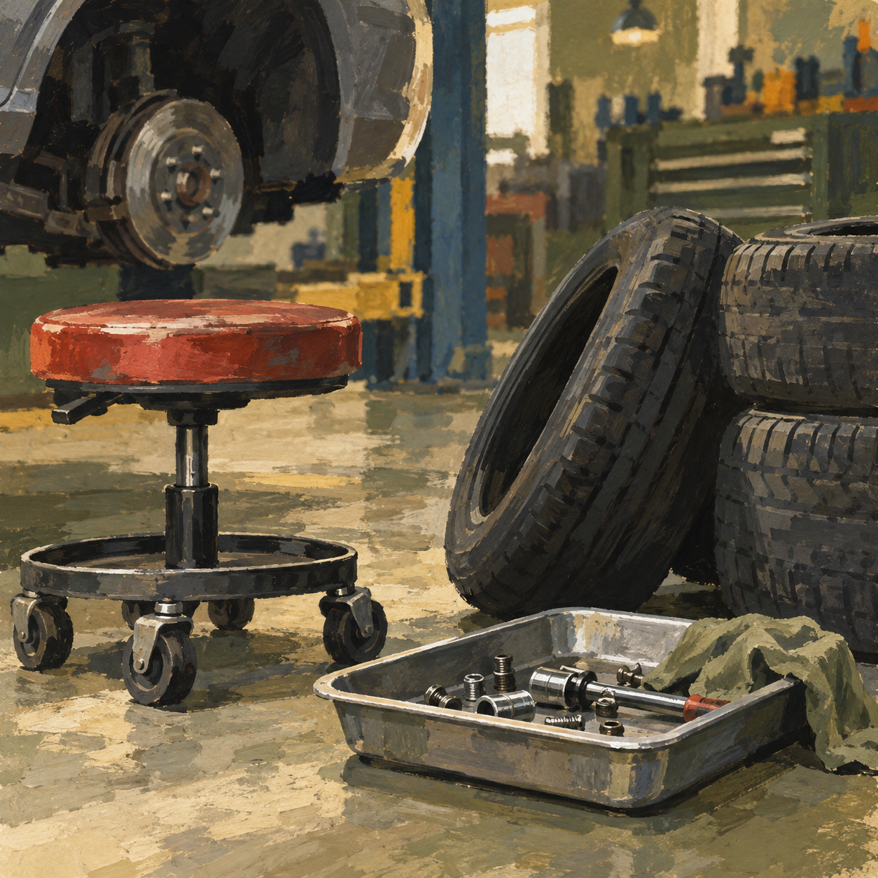 Illustration of independent auto workshop: a rolling stool, rubber tires, a clean parts tray